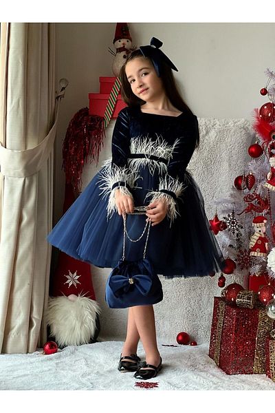 nisaykids girl navy blue velvet dress-bag-buckle total 3 pieces
