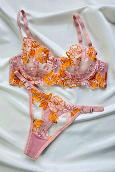 Moldina Γυναικείο Σετ Σουτιέν Πούδρα Ροζ Πορτοκαλί Floral Underwire Brode