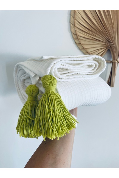 LeBohas White Muslin Blanket 2-Tassel Sofa Cover 100% Cotton Cover