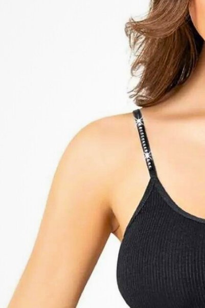 Moldina Women's Padded Cotton Strappy Adjustable Cropped Bustier with Embellished, Black