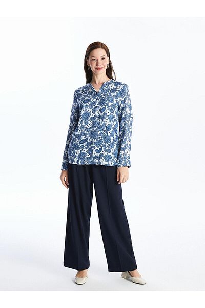 LC Waikiki Lcw Grace Ecru Printed 2 Skirt Collar Floral Long Sleeve Women's Blouse (S4)