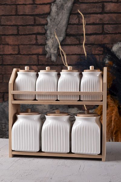 Karçiçeği Home 7-Piece Spice Storage Jar Set with Porcelain and Wooden Stand