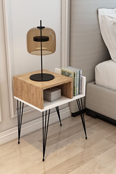 Modalanka Begonya Komodin Sehpa Yatak Yanı Sehpası Metal Ayak Çam-beyaz