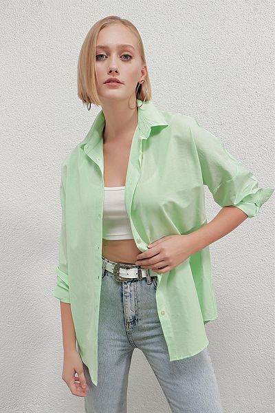 hazelin Дамска светлозелена дълга риза Oversize Basic Hzl22w-bd139001