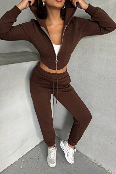 Neşeli Butik γυναικείο καφέ βαμβακερό σετ αθλητικής φόρμας NBG025