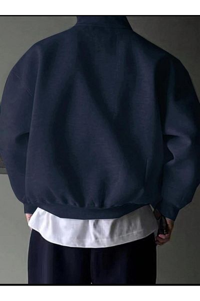 SELENA BUTİK Unisex Zippered Collar Navy Blue Way Sweatshirt