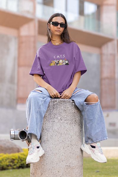 MAD COLLECTİON COPY - Unisex Oversize Crew Neck Cotton Cats με εμπριμέ κοντομάνικο μπλουζάκι