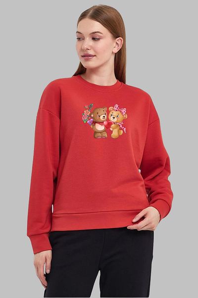 MAD COLLECTİON Унисекс суитшърт с дълъг ръкав, щампа на сърце и мече, стандартна кройка и кръгло деколте, без качулка и повдигнати елементи