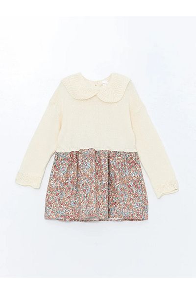 LC Waikiki Lcw Baby - Cream Color, Baby Collar and Long Sleeve Flower Patterned Baby Girl Dress