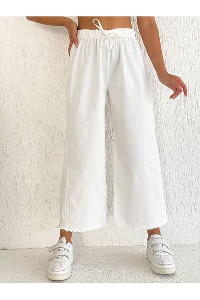 DENİKK Trend Palazzo Thin Summer Gabardine Elastic Waist Tasseled Leg White Trousers