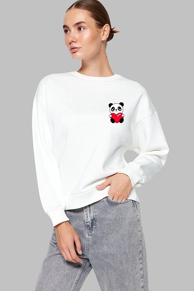 MAD COLLECTİON Unisex Φούτερ με μακρυμάνικη καρδιά Panda με στάμπα με λαιμόκοψη χωρίς κουκούλα