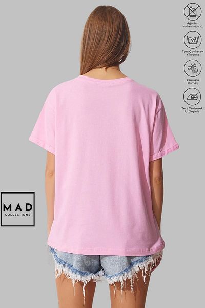 MAD COLLECTİON MAD COLLECTION Unisex Oversize Crew Neck Βαμβακερό Teddy εμπριμέ κοντομάνικο μπλουζάκι