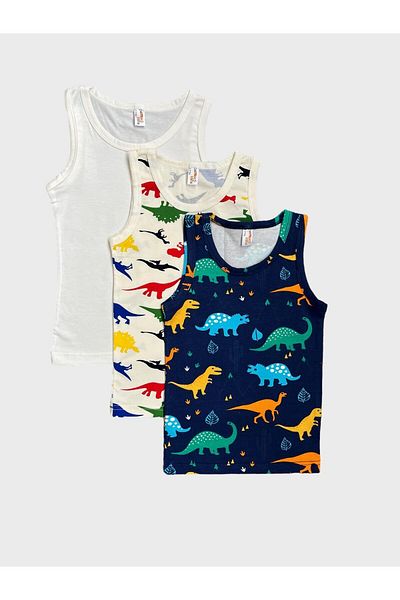 elmas kids Boys' Cotton Dinosaur Patterned 3-Piece Undershirt