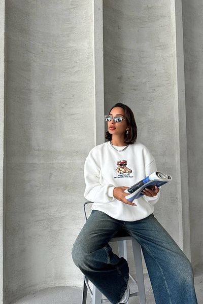 Neşeli Butik Ecru Women's Sweat - Cotton and Embroidery Detailed Nbg035