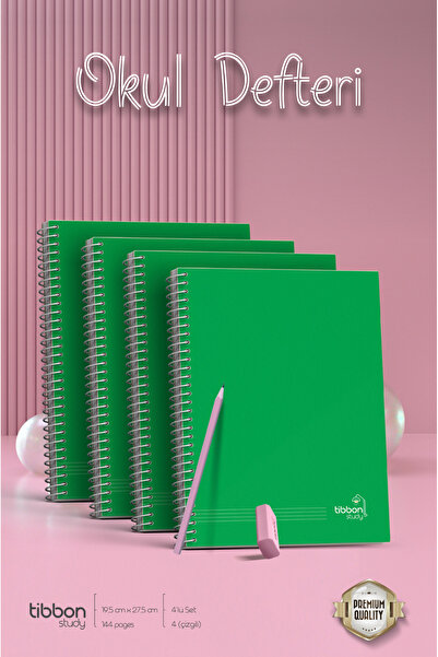 Tibbon Study Okul Defteri Spiralli 4'lü Set Çizgili - Büyük Boy