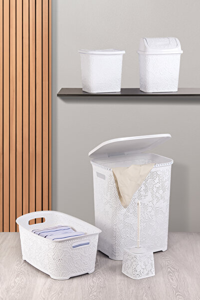Pazarika Dantel Desen 5 Parça Banyo Seti Kirli Sepeti Çamaşır Selesi Deterjan...