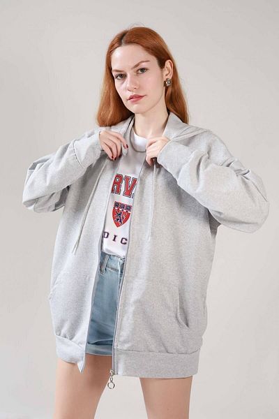 MAD COLLECTİON Μπουφάν με κουκούλα με φερμουάρ σε γκρι χοντρό χειμερινό ύφασμα