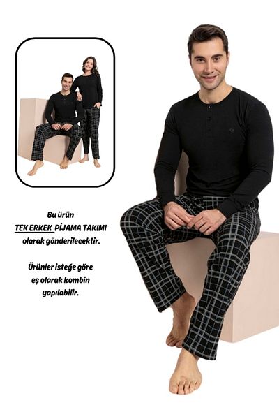 bie's Set de pijamale de sezon cu mânecă lungă în carouri negre, cu buzunare, pentru bărbați și cuplu