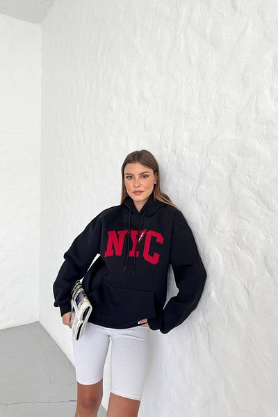 Neşeli Butik Black Hooded Fleece Embroidered Women's Sweat Nbg033