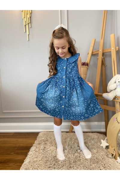 Baby BabyAden çiçek baskılı çift cepli kolsuz ince kot jile kız çocuk elbise