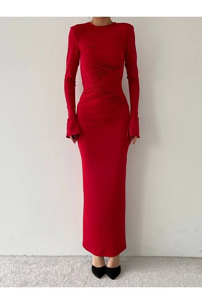 Natavan Red Midi Dress - Bell Sleeve Design