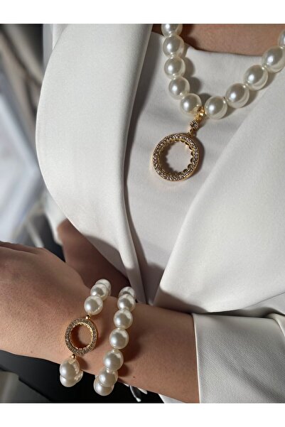 PD GRUP Yarim Altın Uyumlu Kolye Çeyrek Altın Uyumlu Bileklik Classic Inci Set Yarımlık Kolye Çeyreklik Set