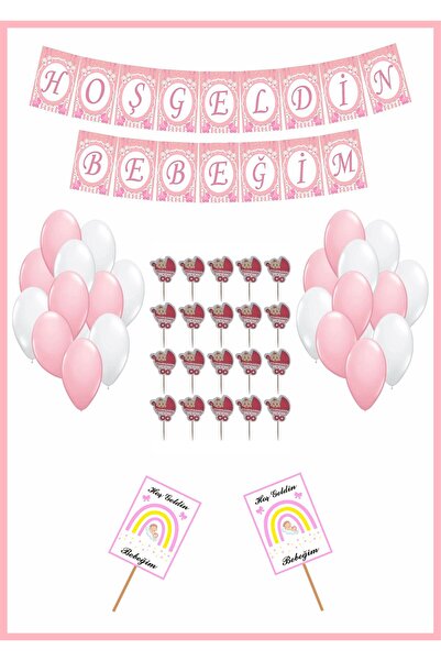 Doğumgünü Marketim Hoşgeldin Bebeğim Pembe Flama Kürdan Pankart Balon Seti