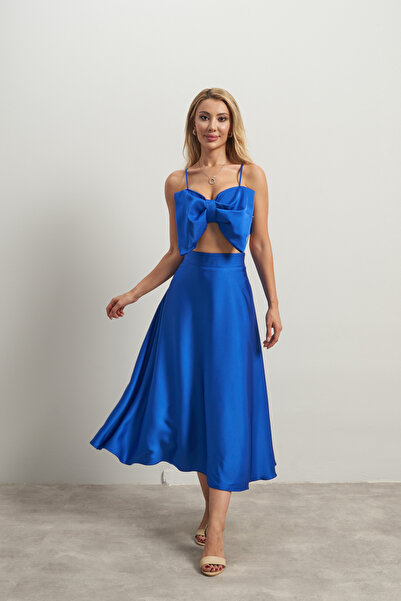 Rabia Çelik Saks Blue Satin Skirt and Bustier Set - Adjustable Strap and Bow Detail