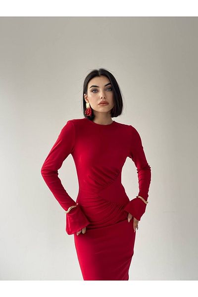Natavan Red Midi Dress - Bell Sleeve Design