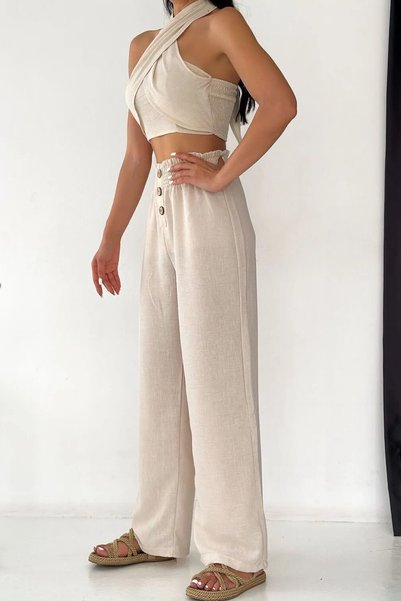 Jaglion Linen Beige Palazzo Trousers with High Waist anD Button Detail - New Season