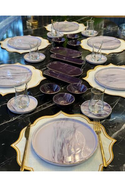 Onedekor Gold Modern 32 Piece Marble Plum Breakfast Set