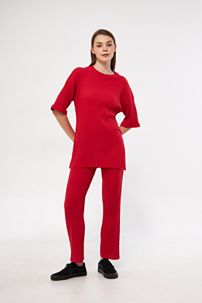 Oyga Women's Red Short Sleeve Ribbed Lycra Report & Sweatpants, Casual Home Wear Pajamas Set