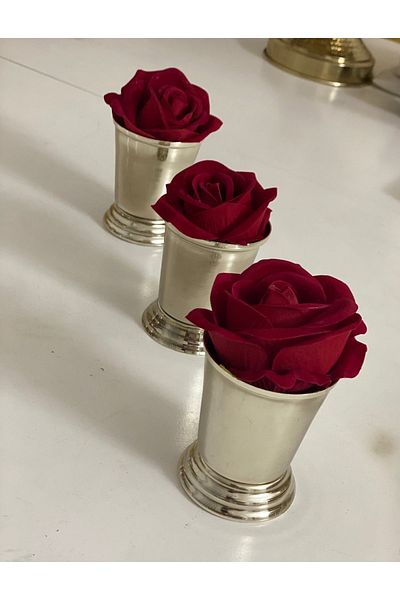 Elzemm store DECORATIVE 3 PIECES SILVER COLOR ROSE BUCKET VELVET RED ROSE INCLUDED