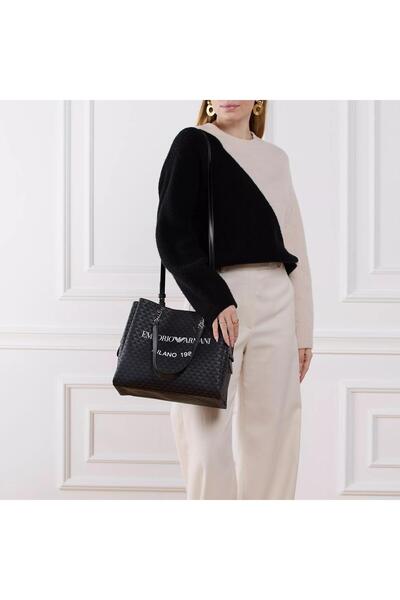Emporio Armani Tote M Eagle Allover + Logo Siyah/Beyaz