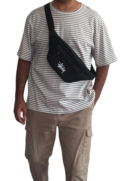 Outlet Çarşım Stussy Written Men's Waist Bag 2 Compartments Black Cross Shoulder Bag Water Resistant