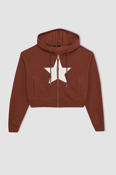 DeFacto Thick Kangaroo Pocket and Zippered Hooded Printed Sweatshirt 3166465