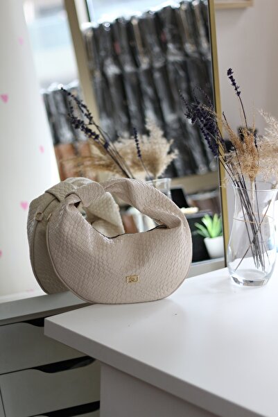 Moom Bag Geantă de mână și de umăr pentru femei, tricotată crem, cu noduri te...