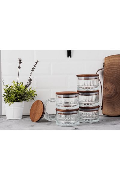 LUX ET AMOR Vella 6-Piece Wooden Vacuumed Glass Breakfast Multi-Purpose Glass Snack Bowl with Lid 235 ml
