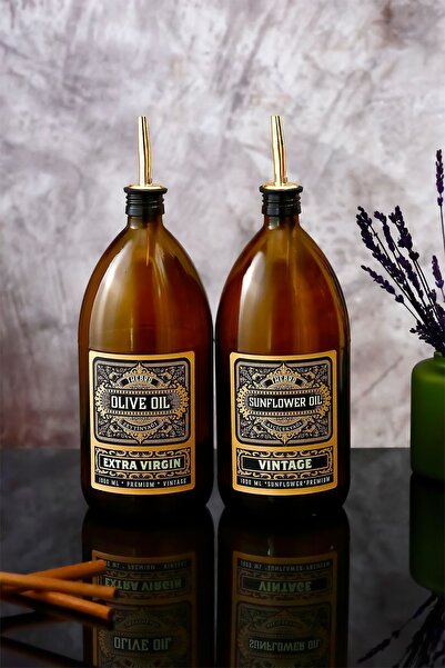 TheBRo 1lt Amber Renkli Vintage Desenli Cam Yağdanlık 2'li Set Zeytinyağı Sıv...