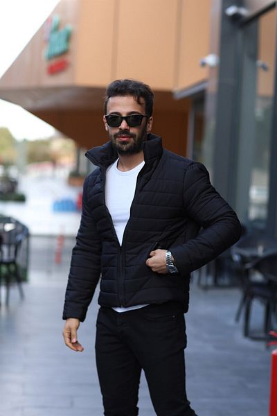 magko Černý nafukovací lemovaný Slim Fit kabát