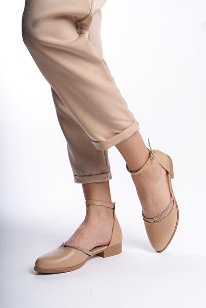 Preshley Women's Trey Nut Skin Stone Detailed Open Sides Ballerinas