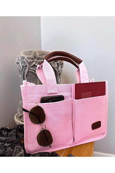 gabies Kadın Kanvas Kumaş Pembe Renk İki Adet Ön Cepli Tote Bag El Ve Omuz Ça...