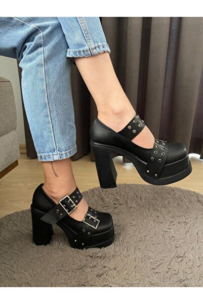 Preshley Izabel Black Leather - 12 cm Platform Heeled Shoes, Two Buckles and Capsule Detail