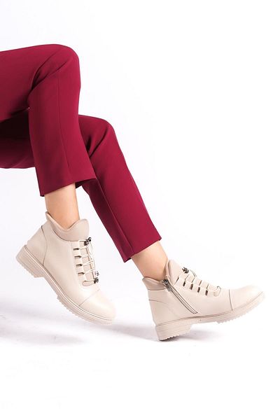 Preshley Γυναικείες μπότες Cesi Cream Stretch και Lace Tedaylı Thermo Sole μέχρι τον αστράγαλο