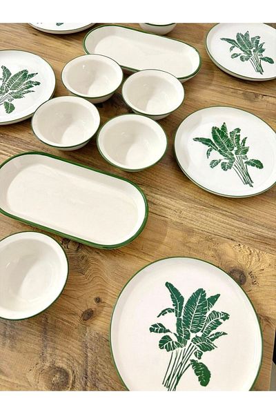 Yiğit Seramik Züccaciye Green Palm 14-Piece Breakfast Set for 6 People