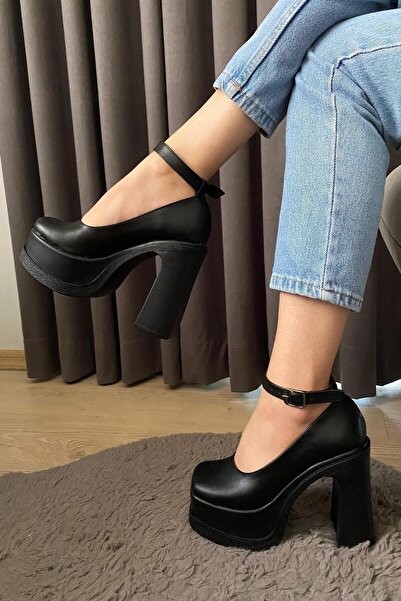 Preshley Elanor Black Leather Platform Heeled Women's Shoes - 12 cm Ankle Tie