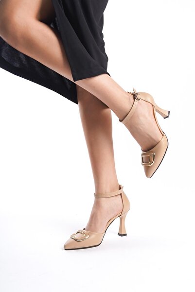 Preshley Women's Date Leather Ankle Strap Square Buckle Side Open Goblet Heeled Shoes