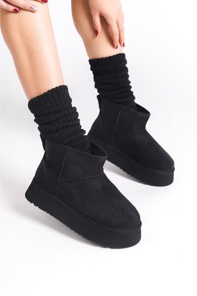 Preshley Μίνι μποτάκια Palermo Black Suede - με γούνα στο εσωτερικό, χοντρή σόλα (4,5 cm)