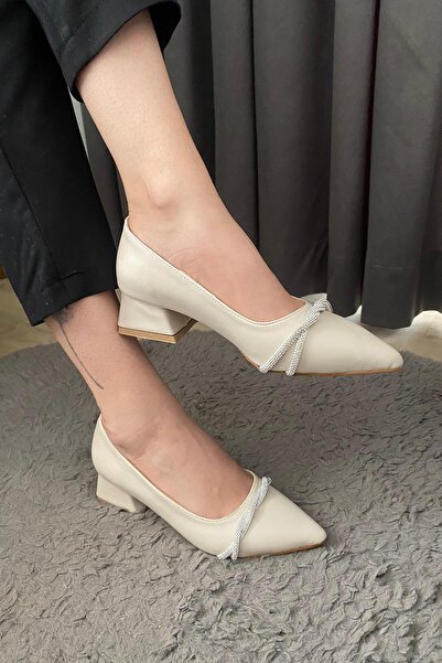 Preshley Women's - Valeri Cream Stiletto, Cross Stone DeTailed, Low Heel Evening Dress Shoes