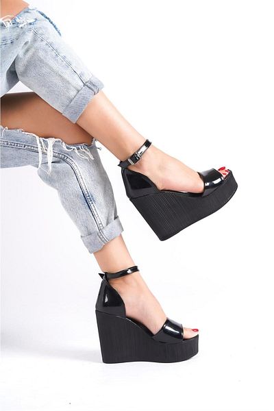Preshley Women's Verla Black Patent Leather Single Band High Wedge Sole Shoes